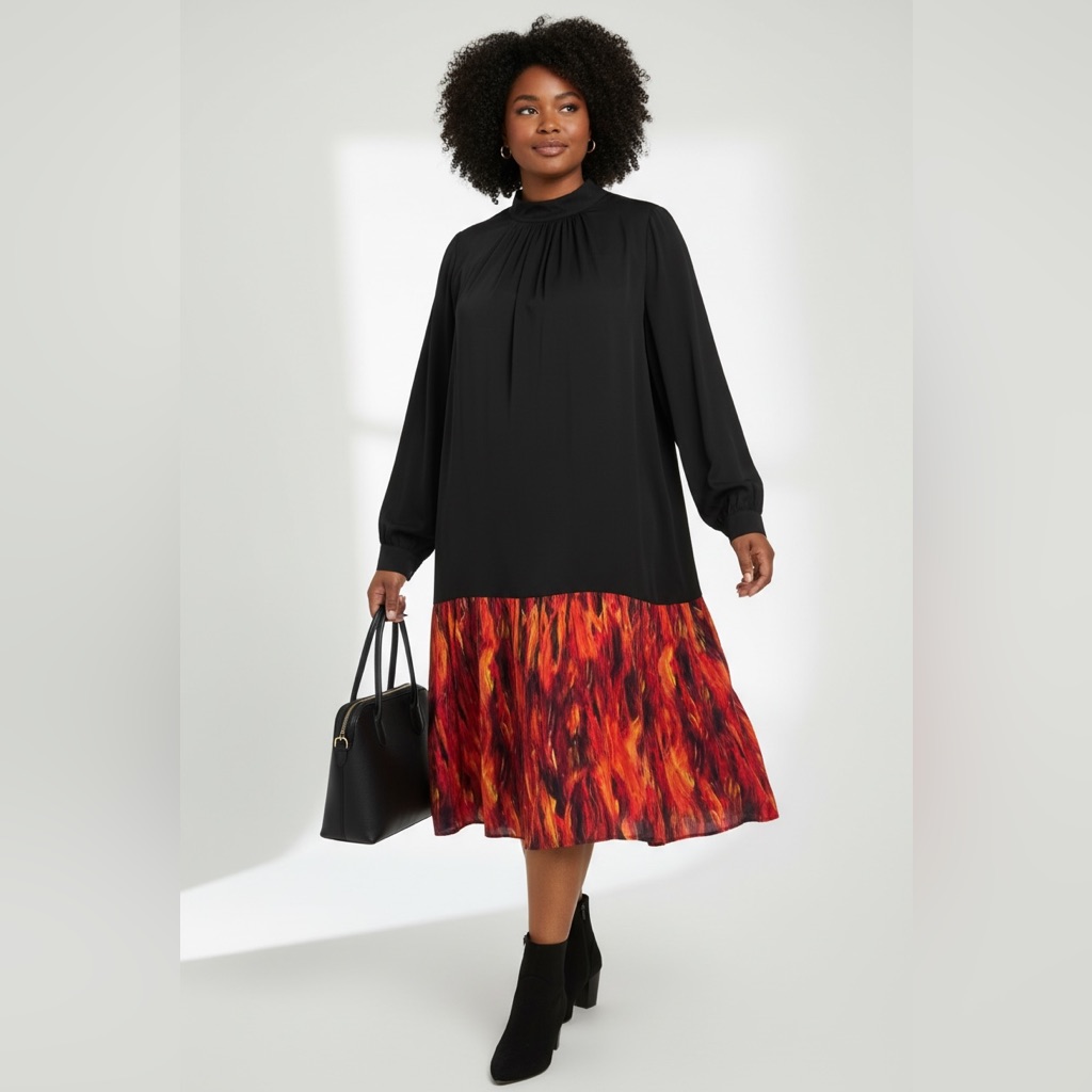 Marcell Von Berlin Black Mock Neck Fire Print Shift Dress Nwt Women’s Sz 8 $520